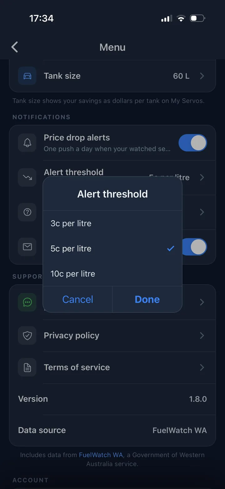 Servo Scout notification settings with price drop alerts on and a 3c, 5c or 10c per litre threshold picker