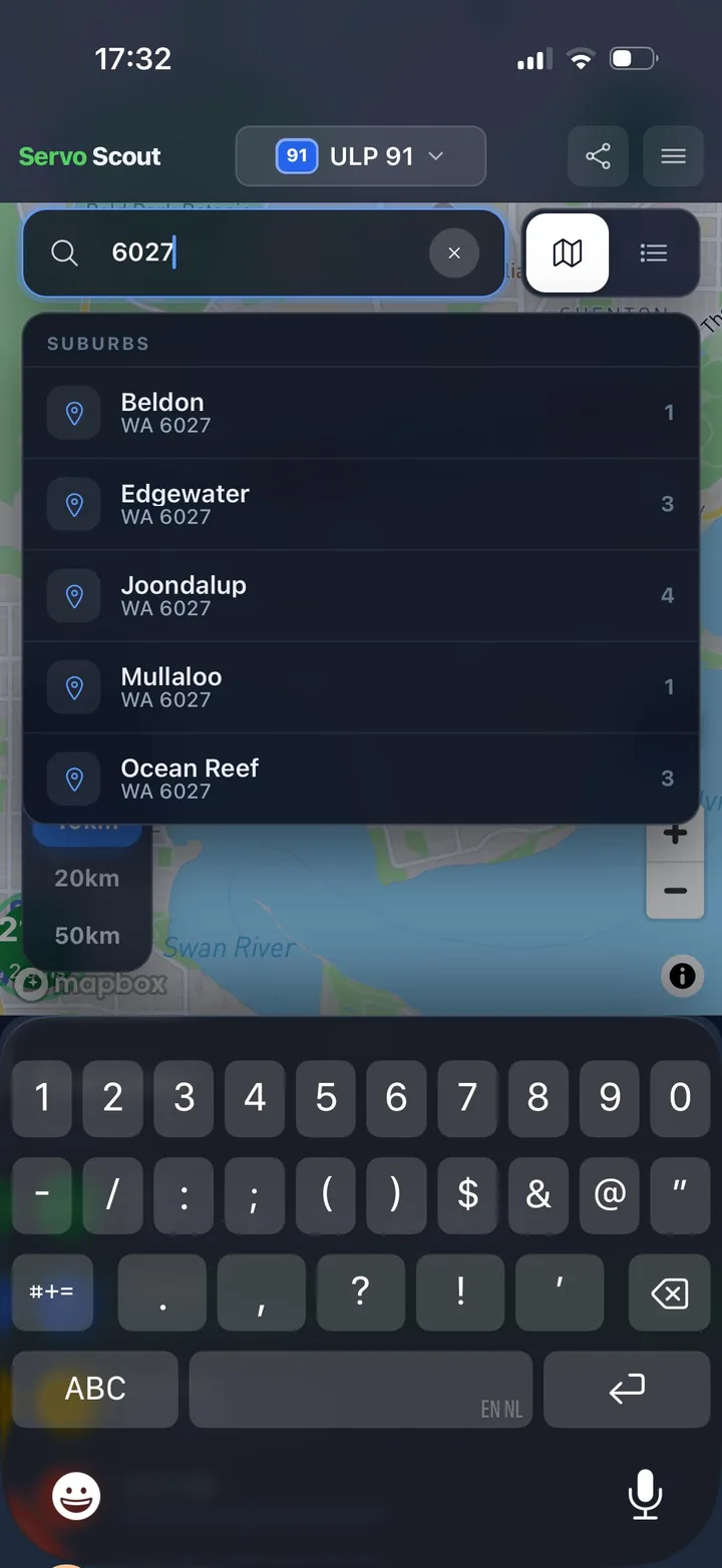 Servo Scout suburb search showing results for postcode 6027