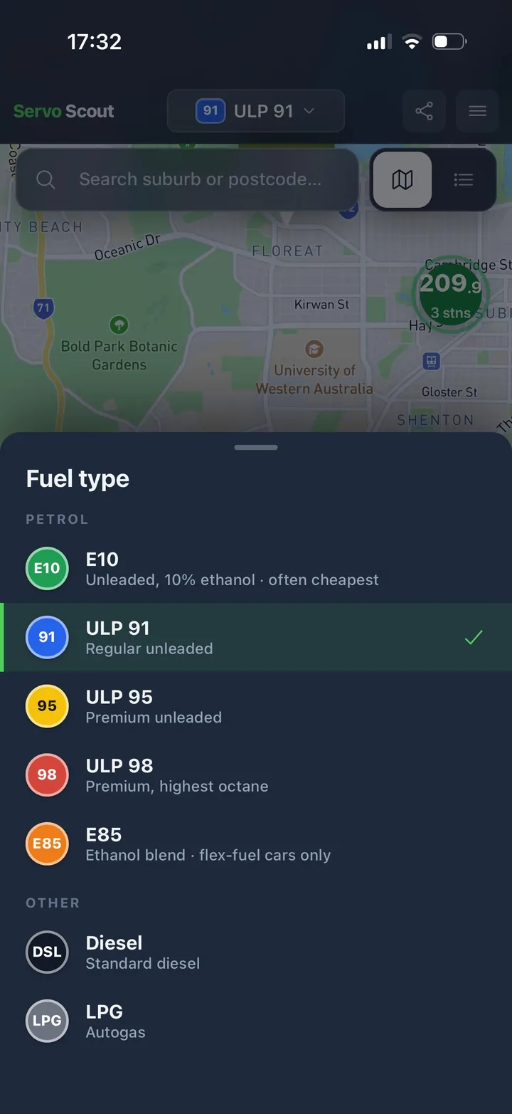 Servo Scout fuel type picker grouping petrol and other fuels