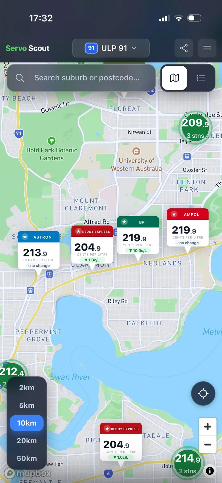 Servo Scout map of Perth with brand price markers, suburb search and a 2 to 50 km radius picker