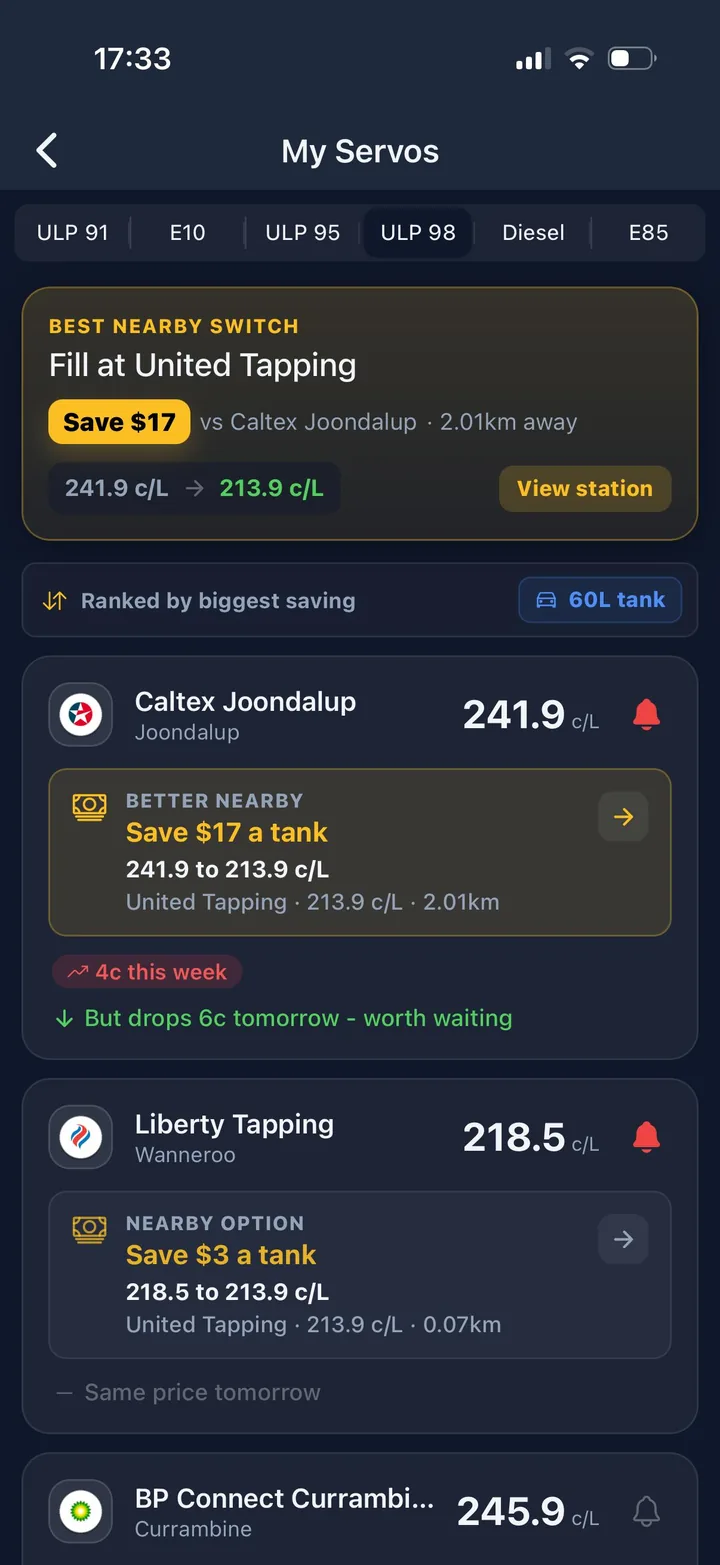 Servo Scout My Servos dashboard ranking saved stations by savings per tank, with tomorrow's price verdict and alert bells