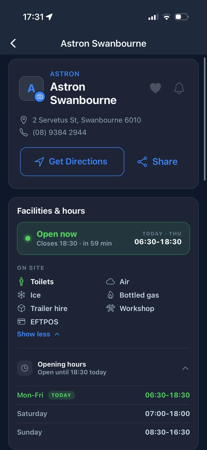Servo Scout facilities and opening hours card