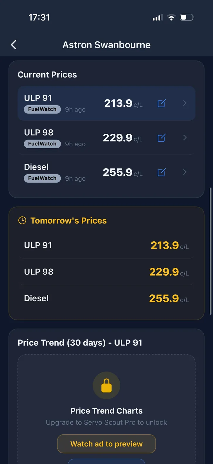 Servo Scout station page listing current and tomorrow prices for each fuel