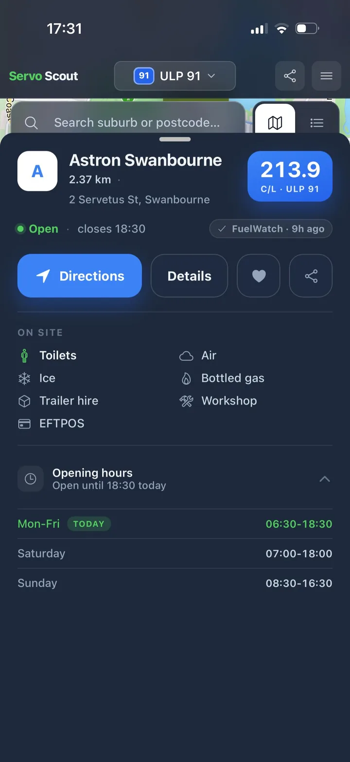 Servo Scout station quick view showing price, FuelWatch timestamp, opening hours and on-site facilities
