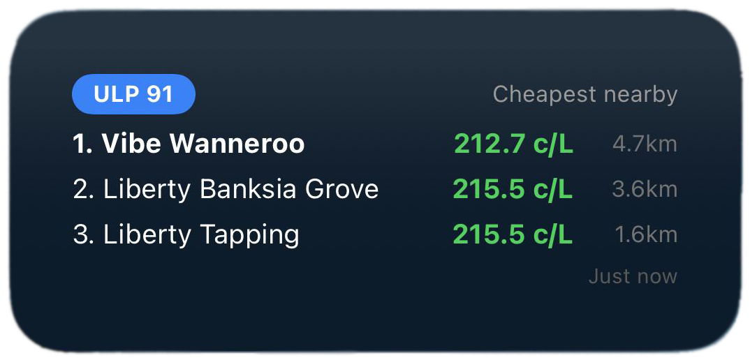 Servo Scout large home screen widget showing top 3 cheapest ULP 91 stations nearby