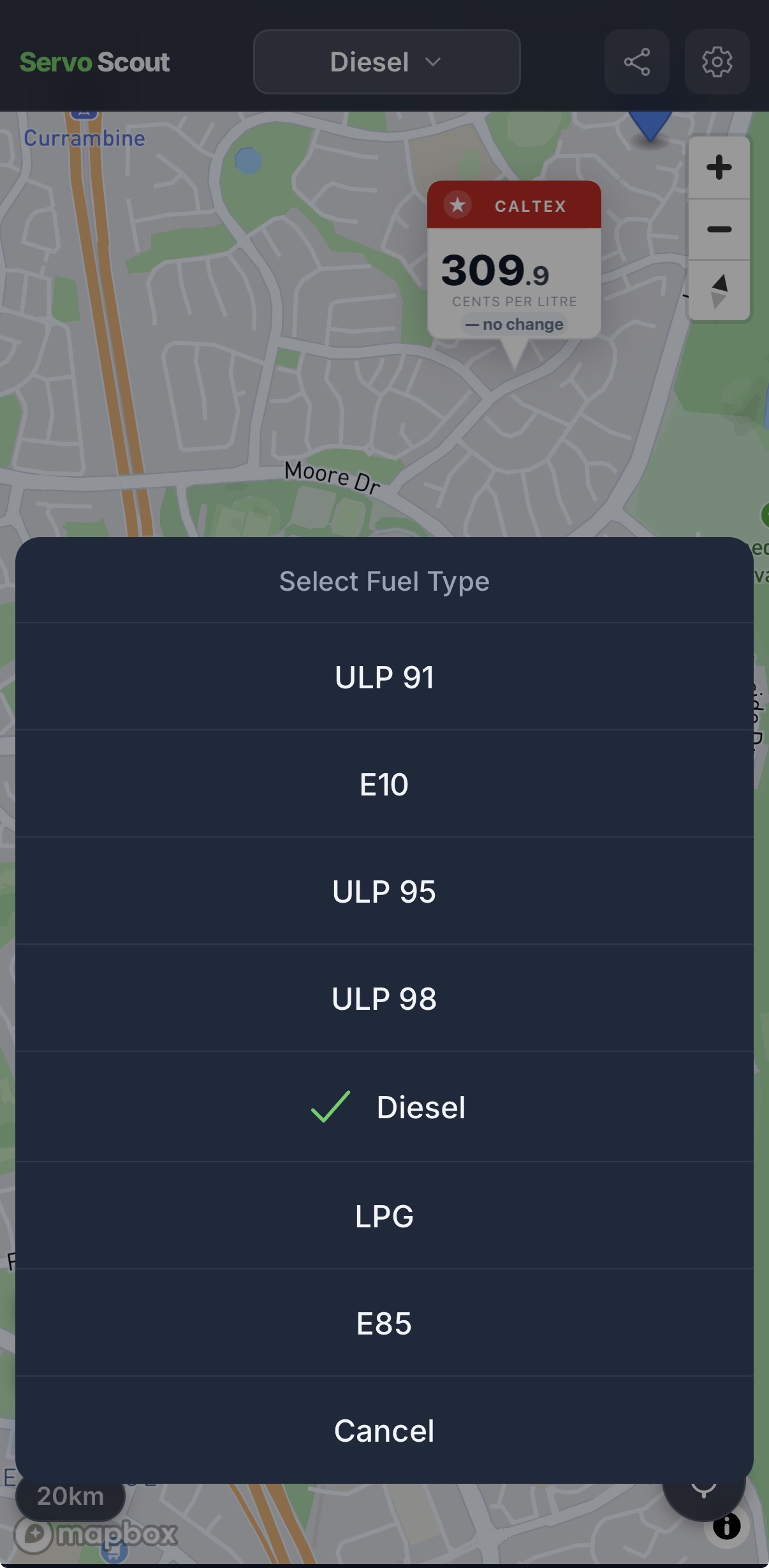 Servo Scout fuel type filter showing ULP 98 selected with search this area button
