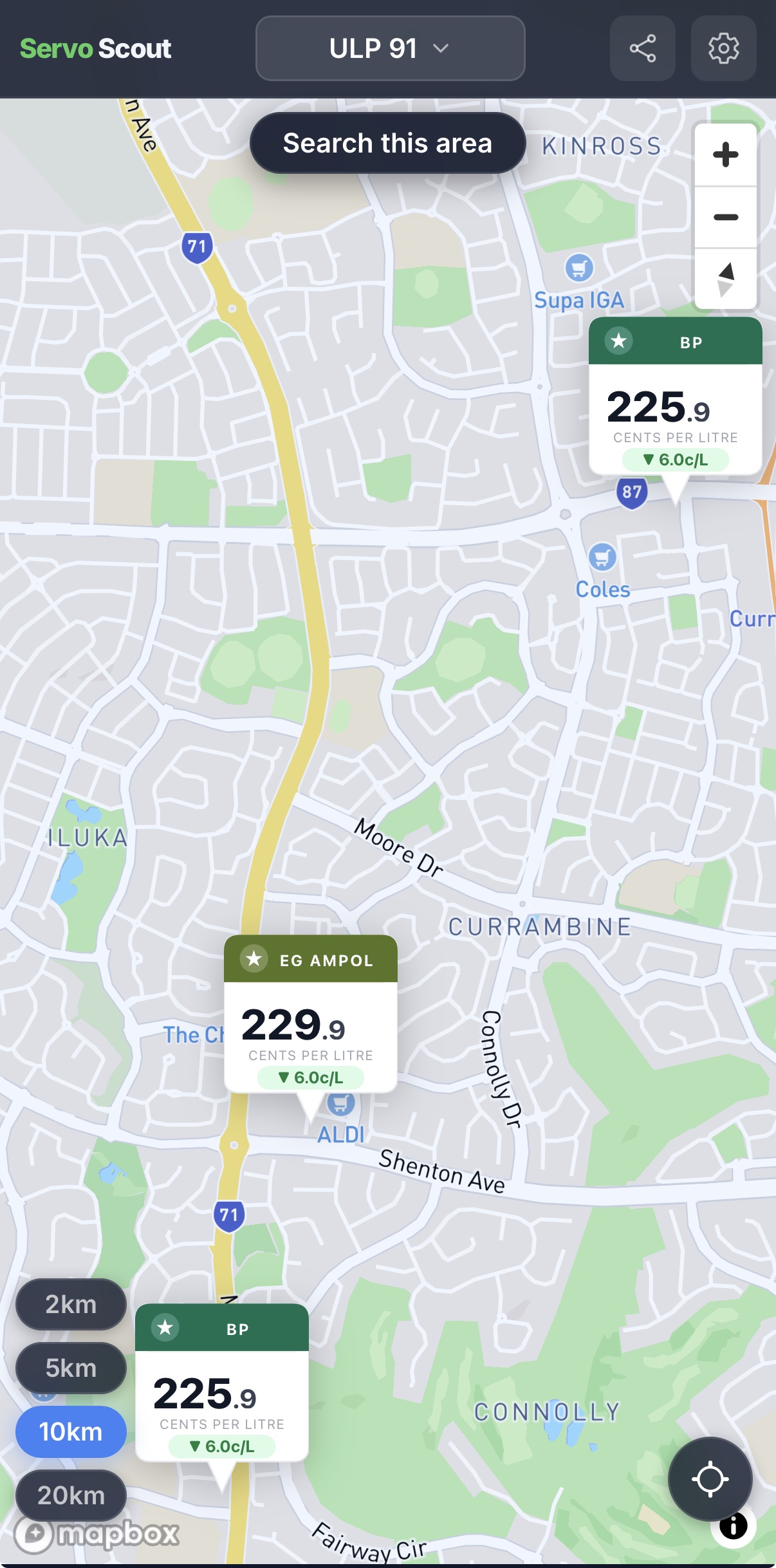 Servo Scout map showing Perth fuel stations with brand icons and price clusters