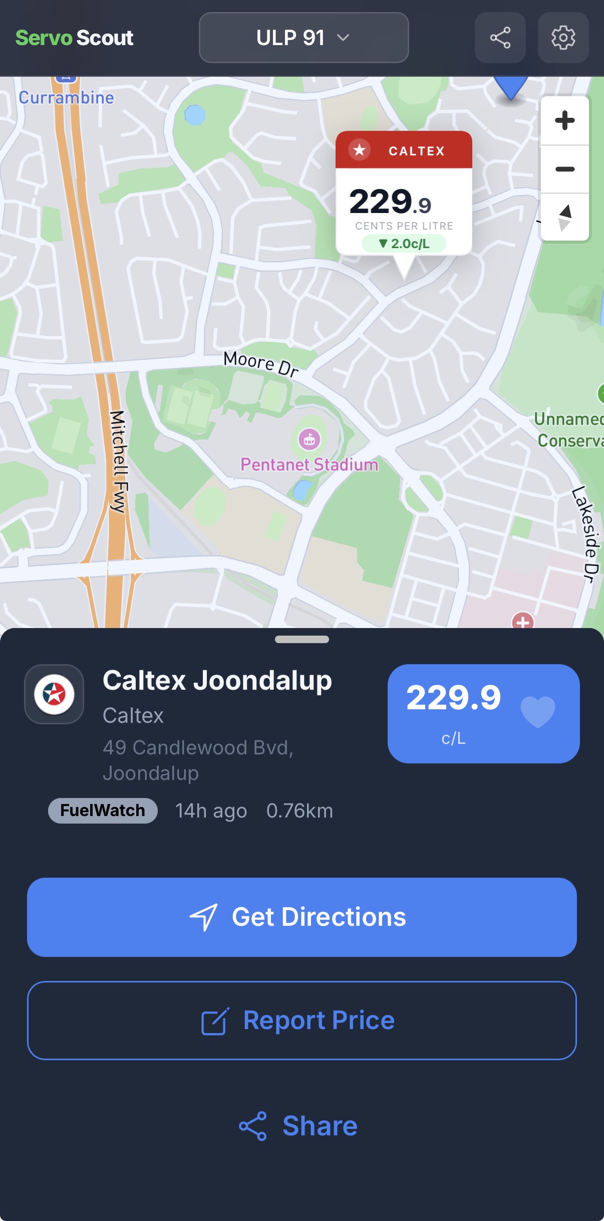 Servo Scout app showing fuel station map in Perth with colour-coded price markers
