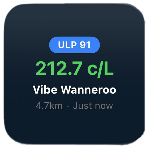 Servo Scout small home screen widget showing cheapest ULP 91 price at 212.7 cents per litre