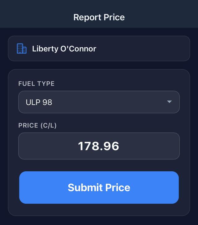 Servo Scout price submission form showing station, fuel type, and price input